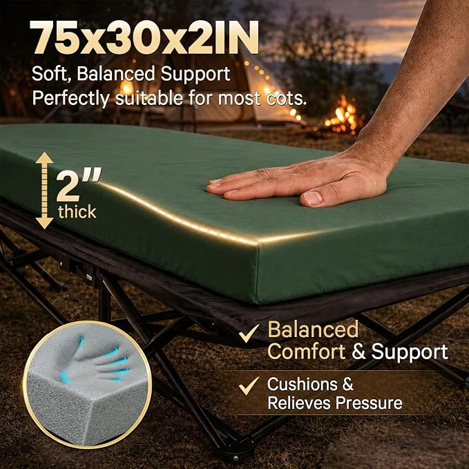 CYMULA Camping Cot Pad 2 Inch Memory Foam, Camping Pad for Folding Cot and Foldable Cot, Portable Roll Up Camp Gear for Car Camping Travel Tent, Non-Slip Waterproof Bottom, Removable Cover, Pad Only