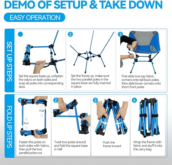 MARCHWAY Ultralight Folding Camping Chair, Heavy Duty Portable Compact for Outdoor Camp, Travel, Beach, Picnic, Festival, Hiking, Lightweight Backpacking (Bright Blue)