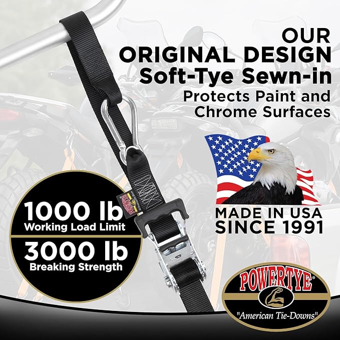 PowerTye 1.5 inch x 6.5ft Heavy Duty Ratchet Tie Down Straps with Carabiner Hooks, Soft-Tye & Storage Bag, for Motorcycle, ATV, Trailer & Cargo - 1,000 lb WLL - Made in USA - Black/Black Pair