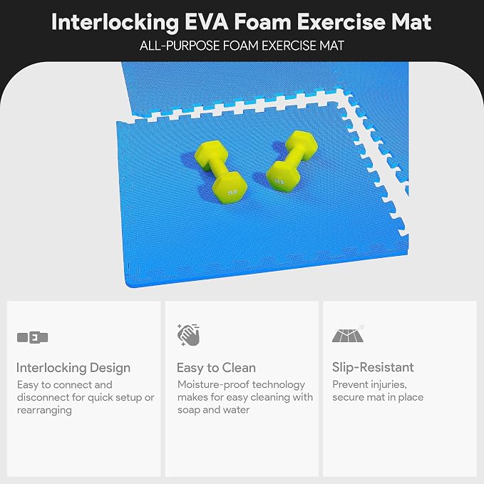 BalanceFrom Puzzle Exercise Mat 1/2" Thick, EVA Interlocking Foam Floor Tiles for Home Gym, Mat for Home Workout Equipment, Floor Padding for Kids, Blue, 24 in x 24 in x 1/2 in, 24 Sq Ft - 6 Tiles