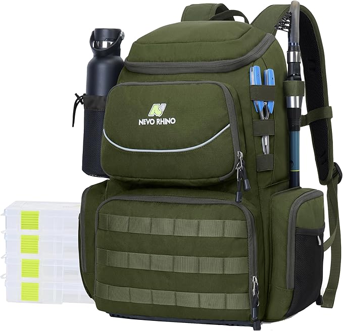 N NEVO RHINO Fishing Tackle Backpack with Rod Holders, 40L Large Fishing Bag with Waterproof Rain Cover,Outdoor Tackle Bag