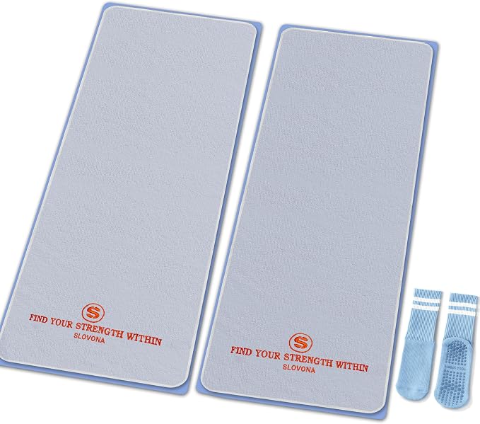 2 Pack Yoga Mat Towels with Bonus Grip Socks, Lavender Gray *2 | Elegant Embroidered, 1-Second Sweat Absorption & Non-Slip | Machine Washable Microfiber | Hot Yoga, Pilates | 73''*27.6''
