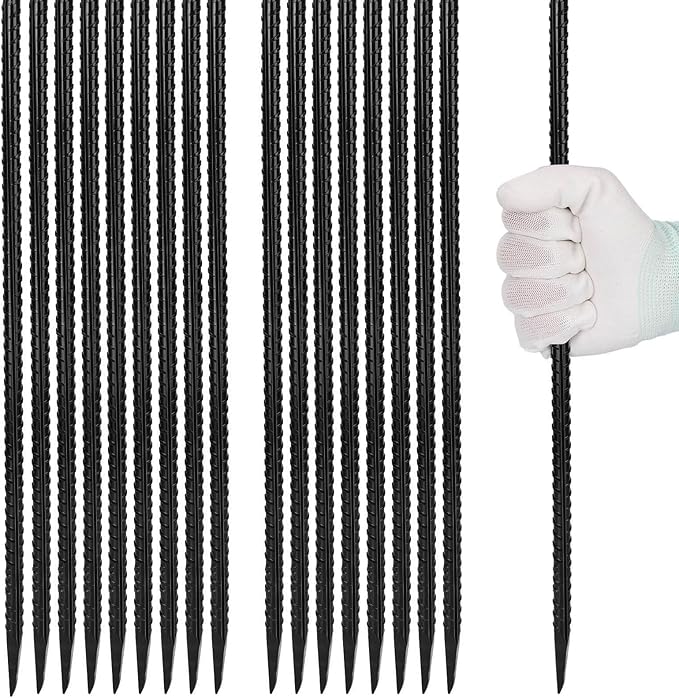 Homwin 16 inches Rebar Stakes 18-Pack Heavy Duty Ground Stakes Rebar Spikes Garden Stakes Metal Steel Stake for Concrete and Timber Straight Black