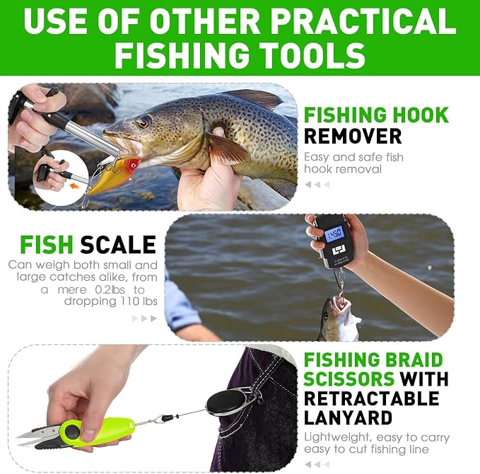 RoundFunny 10 Pcs Fishing Tool Kit, Fishing Pliers with Lanyard and Protective Sheaths, Landing Net, Fillet Knife, Fish Scale, Gripper, Hook Remover, Braid Scissors, Gloves for Men Dad Gift