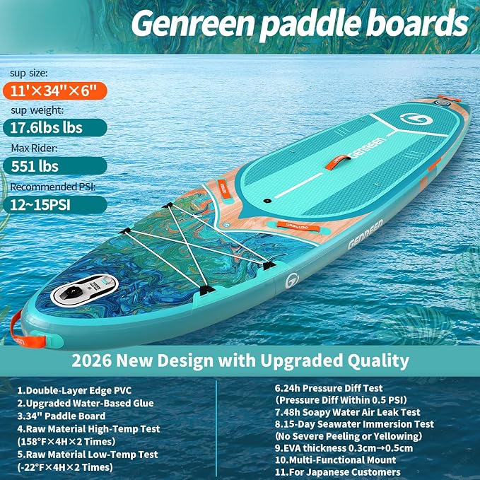 Paddle Board Stand up Paddle Board (Extra Large 11'*33/34") Newly Improved 2 Side Layers 450LBS Quality Inspection×5 (All-Season for JP customers) paddleboards Fishing Family Pet Friendly