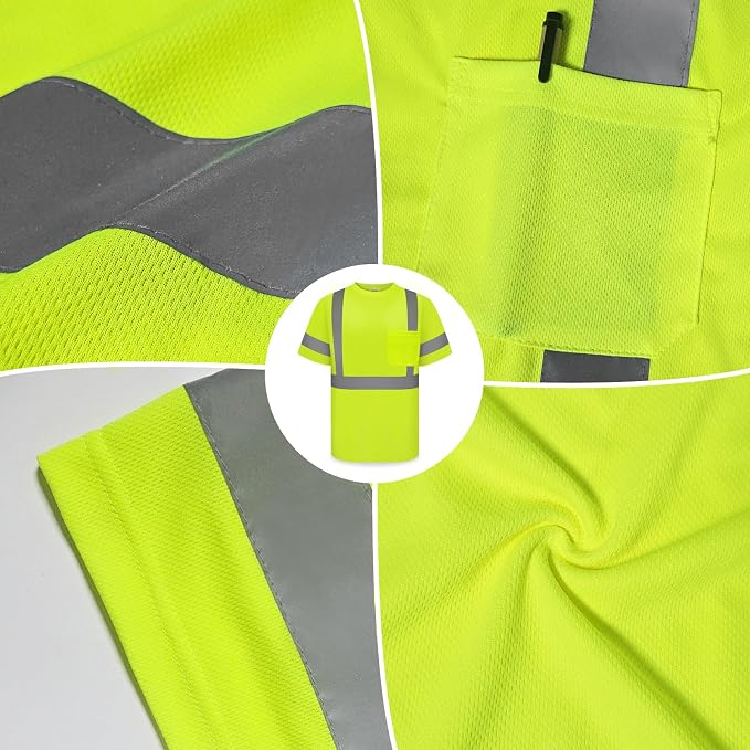 TCCFCCT Hi Vis Shirts for Men Class 2 High Visibility Shirt with Pocket, Short Sleeve Construction Work Shirts with Reflective Strips, Durable Reflective Shirts, Breathable, DC-Yellow XXL 3PCS