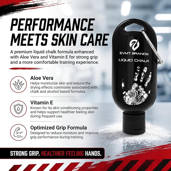 EVMT Brands Liquid Chalk, Mess Free Gym Chalk for Weightlifting, Gymnastics, Rock Climbing, Dancing. Sweat Resistant and Long Lasting for Stronger Grip.