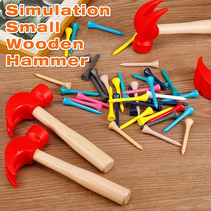 10 Pcs Wooden Hammer, 100 Colorful Wood Golf Tees, Small Plastic Hammers, Simulation Tool, Educational Kids Toy for School, Party Gifts