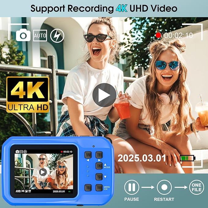 4K Underwater Camera, 64MP 16FT Waterproof Digital Camera with 16GB Card, Autofocus Floatable Waterproof Camera with IPS HD Screen, 16X Digital Zoom, Fill Light, for Snorkeling, Surfing, Swimming