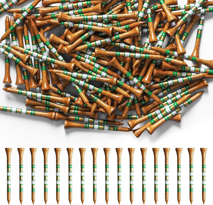 Golf Tees Wood 3 1/4 2 3/4 Inch Value 500/1000 Pack with Bright Colors & Consistent Height, High Visibility with Gold Stripes for Course Practice