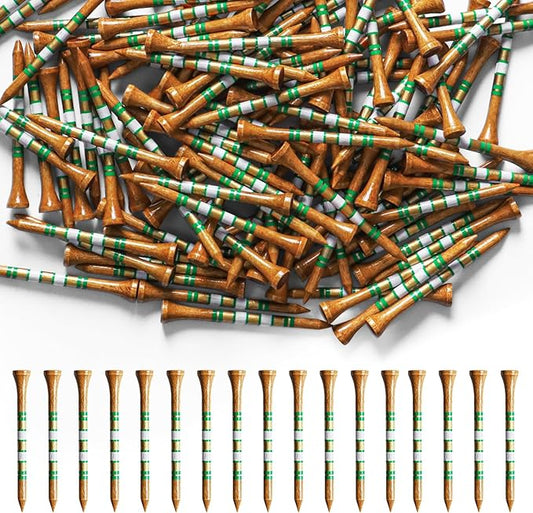 Golf Tees Wood 3 1/4 2 3/4 Inch Value 500/1000 Pack with Bright Colors & Consistent Height, High Visibility with Gold Stripes for Course Practice