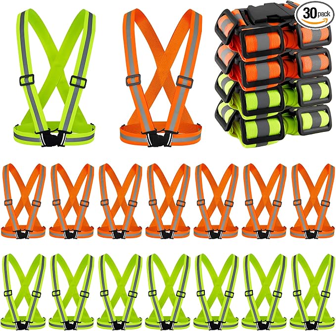Hercicy 30 Pcs Reflective Vest High Visibility Safety Vests, Adjustable Running Gear Straps Lightweight Reflector for Construction (Orange,Green)