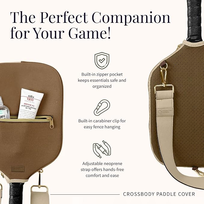 Posh Pickler Crossbody Neoprene Pickleball Bag - Paddle Cover with Adjustable Strap, Built-in Pocket for Essentials, Carabiner Fence Clip, Add-On Ready D-Rings, and Durable Design for Everyday Use