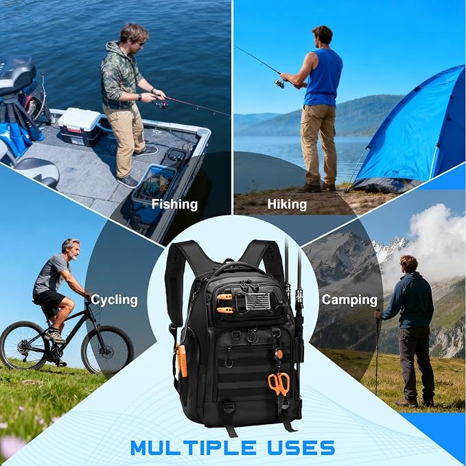 50L Fishing Tackle Backpack with Removable Lure Wraps,2 Rod Holders Storage Fishing Gear and Equipment