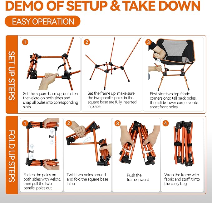 MARCHWAY Ultralight Folding Camping Chair, Heavy Duty Portable Compact for Outdoor Camp, Travel, Beach, Picnic, Festival, Hiking, Lightweight Backpacking (Orange)