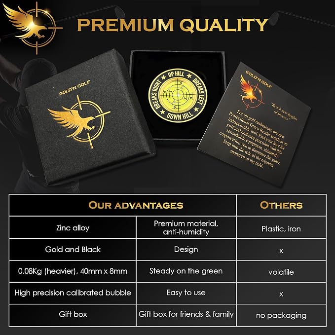 GOLD'N GOLF Pro Golf Green Reader, Level Golf Accessories for Men and Women, Golf Ball Marker, Putting Green Reading aid, Beautiful Gift for Golf Lovers