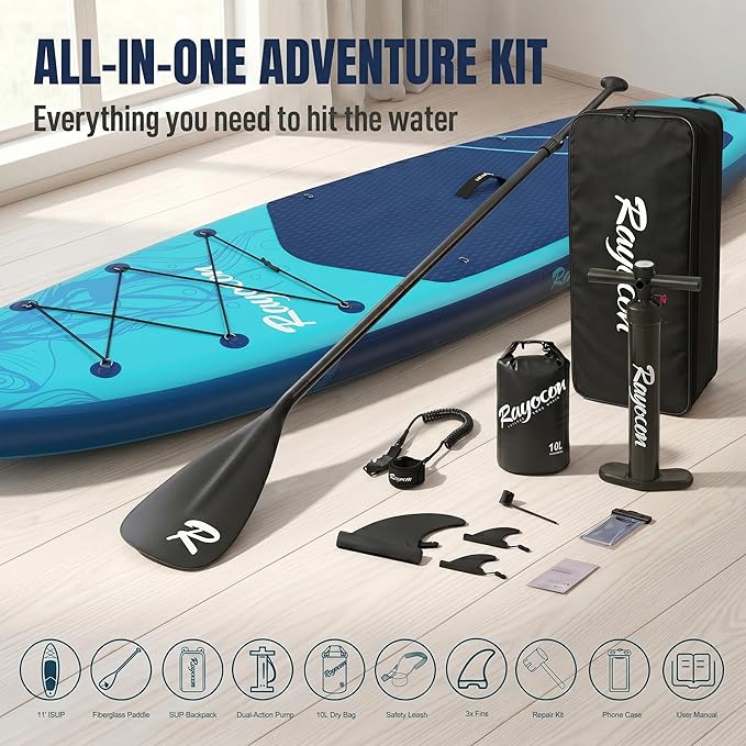Inflatable Stand Up Paddle Board 11'×34" Extra Wide SUP, Ultra-Stable for Adults & Dog, 450lbs, Dual Chamber Pump, Fiberglass Paddle, Military Grade Dual Layer