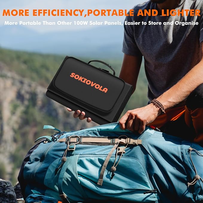 SOKIOVOLA 100W Portable Foldable Solar Panel 20V Portable Solar Charger with QC3.0 USB-A & Type-C Output IP68 Waterproof for Cell Phones Camera Outdoor Camping RV Hiking Travel Small Power Station