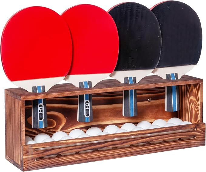 Ping Pong Paddle Storage Rack, Ping Pong Accessories Organizer Wall-Mount for 6 Paddles, 6 Pickleball Paddles and Balls, Pine Wood Table Tennis Racket Display for Game Room Bar Office Home