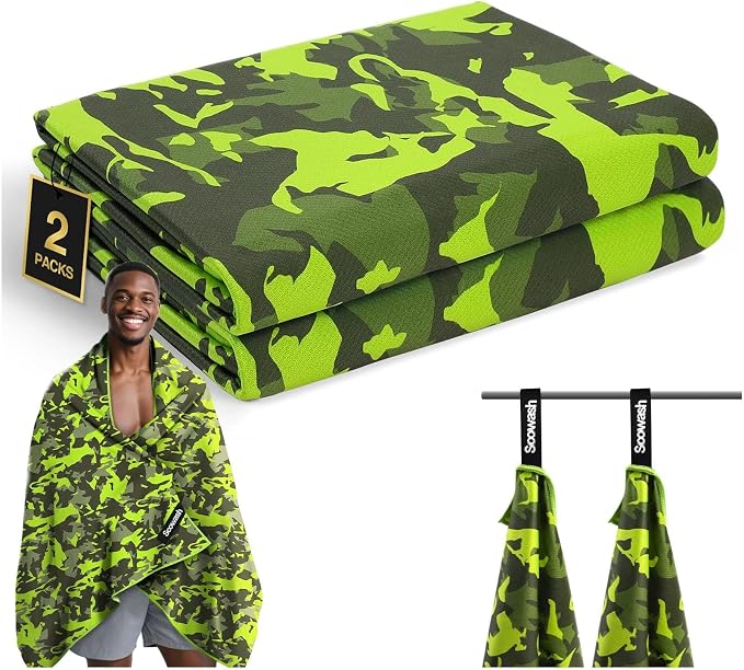 Microfiber Sweat Towel 2 Pack 30" x 60" Gym Towel Camouflage Green | Lightweight and absorbent microfiber towel with quick-dry, odor-resistant fabric for yoga, travel, camping and beach