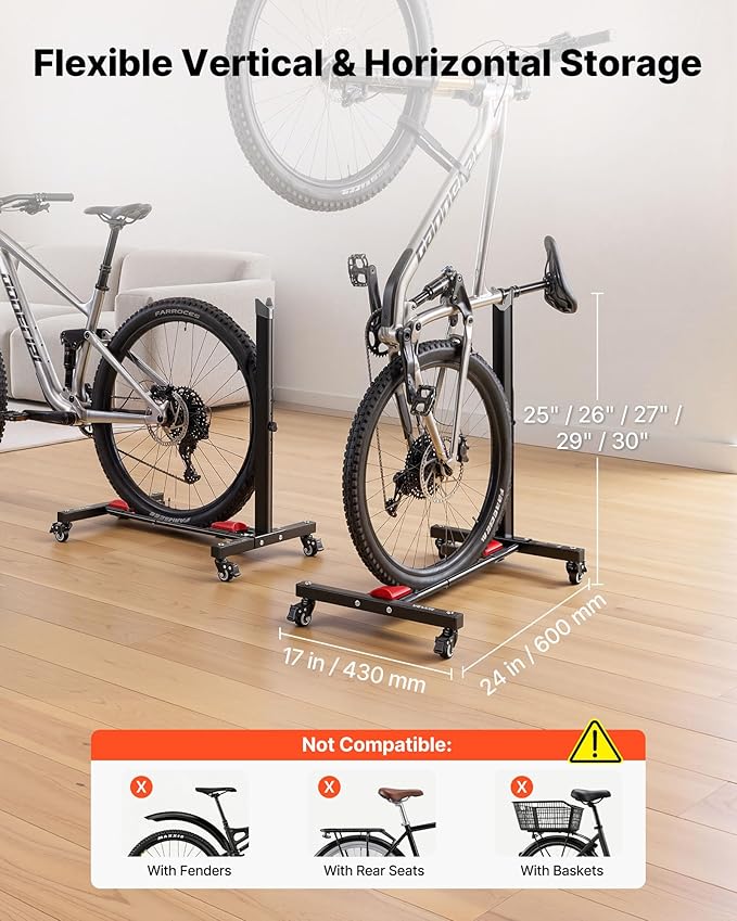 VEVOR Bike Stand 2 Pack, Freestanding Vertical & Horizontal Bike Storage Rack, with Lockable Casters, Height Adjustable Carbon Steel Upright Garage Bicycle Floor Stand, for 20-29 in Wheels, Black