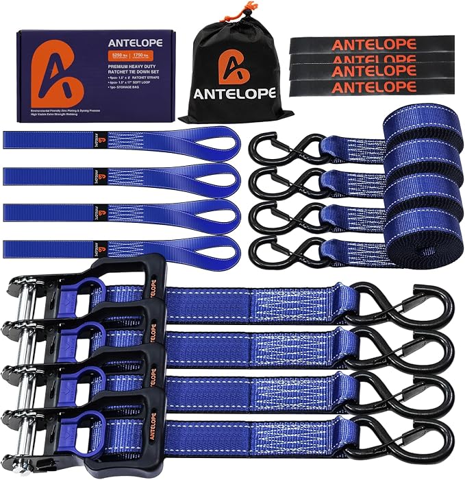 Ratchet Tie Down Straps Set, 5250 LBS Breaking Strength, 4 Pack 1.5" x 8' Heavy Duty Ratchet Straps, Cargo Strap, Motorcycle Straps for Trucks, Bicycle, Kayak, Moving, Tie Downs with S Hooks, Blue