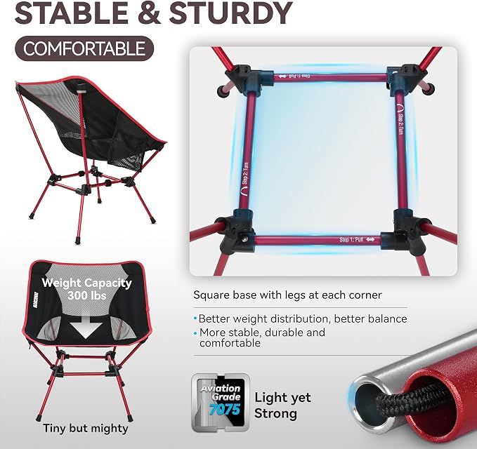 MARCHWAY Ultralight Folding Camping Chair, Heavy Duty Portable Compact for Outdoor Camp, Travel, Beach, Picnic, Festival, Hiking, Lightweight Backpacking (Red)