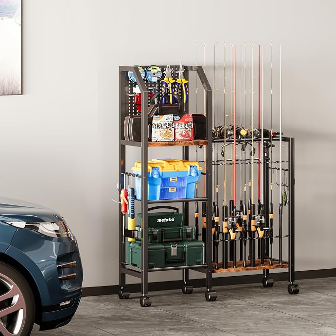 Fishing Rod Holders for Garage, Convenient Pegboard with 14 Long Utility Hooks, Fishing Rod Rack Up to 16 Rods, 3 Tier Fish Pole Stand with Fishing Reel Holders & 8 Hooks for Fishing Gear Accessories