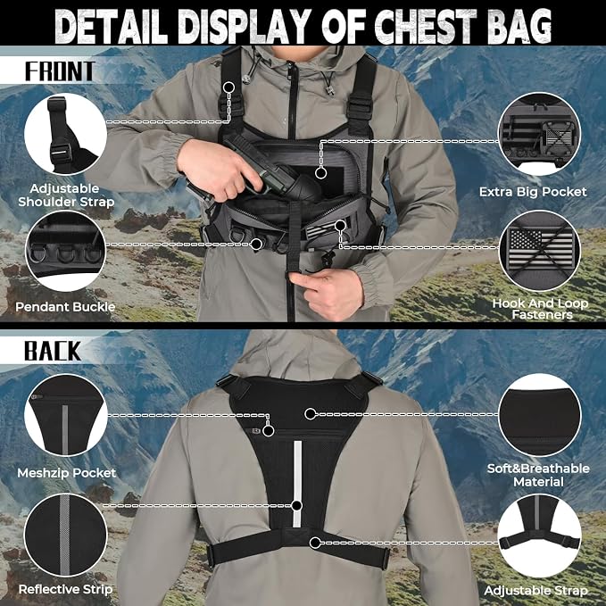 koculemi Outdoor Sports Chest Bag for Men, Chest Vest Holster Fits Most Pistols, EDC Travel Chest Pack for Running, Hiking