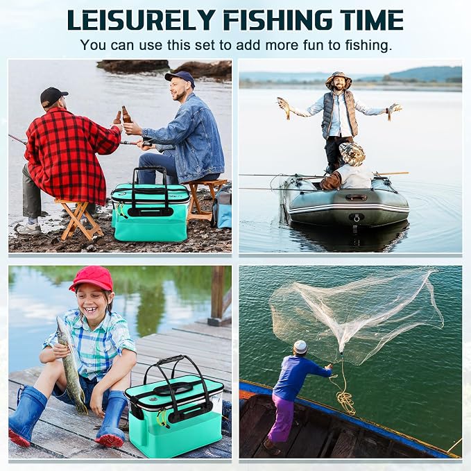 3 Pcs Fishing Bucket, Live Bait Aerator and Fishing Cast Net with Heavy Duty Sinker Foldable Live Bait Bucket Portable Quiet Aerator Fish Transport Container Outdoor EVA Bag