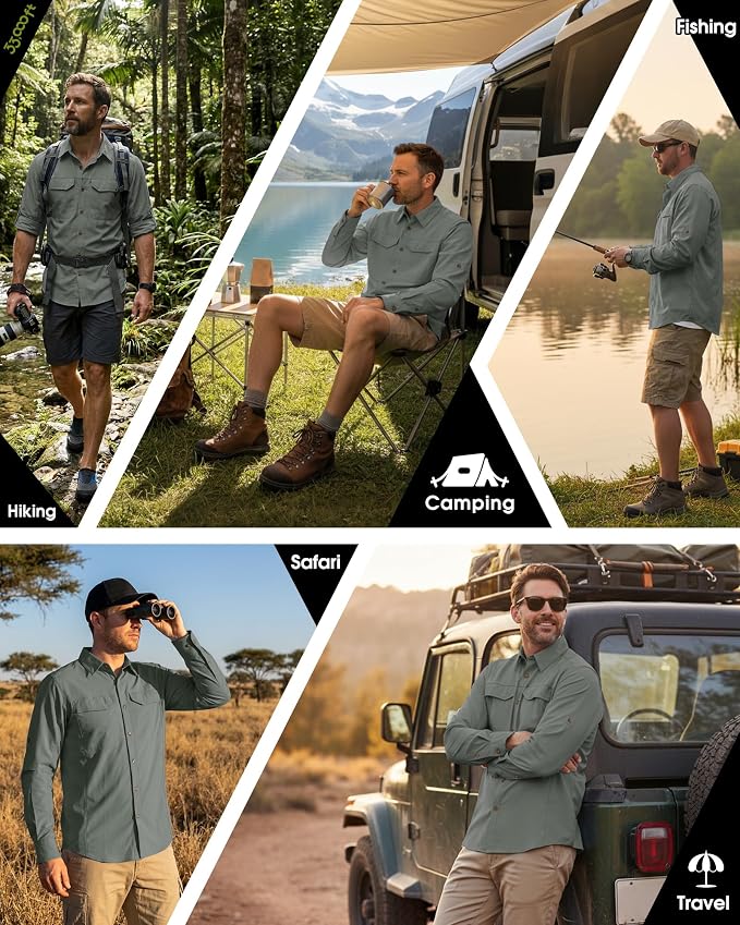 33,000ft Men's Long Sleeve Hiking Shirts Lightweight Quick Dry Sun Protection UV UPF 50 Fishing Shirt Outdoor Safari Travel