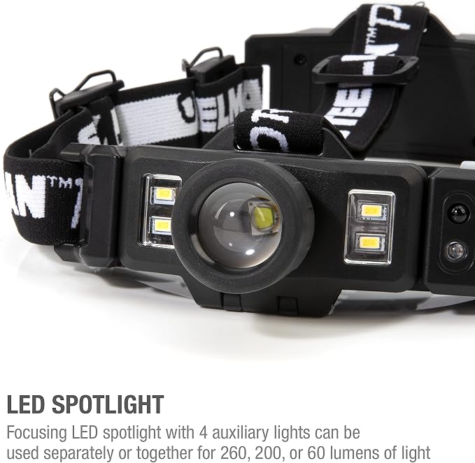 Steelman Pro Rechargeable Focusing Spotlight Headlamp, Motion-Sensing, Rear Safety Light, Pivoting Head, Up to 260 Lumens of Brightness