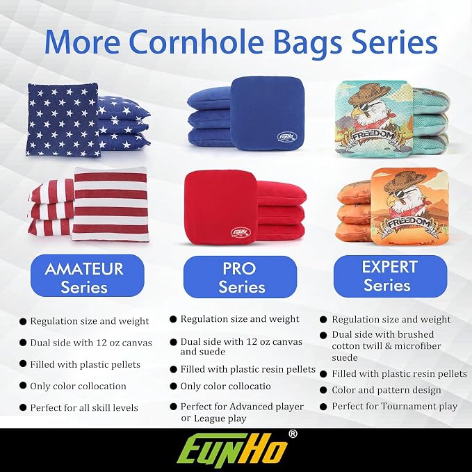 EunHo Regulation Cornhole Bags Set of 8 - Dual Sided Slick and Stick Cornhole Bean Bags for Tossing Game Professional All Weather Pro Corn Hole Bags with Tote Bag