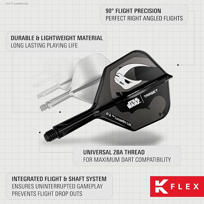 Target Darts Star Wars Mandalorian K Flex Integrated Dart Flights & Shafts | Character Inspired Pack of 3 K-Flex, No.2 & No.6 | Short, Intermediate & Medium Disney Kflex Accessories