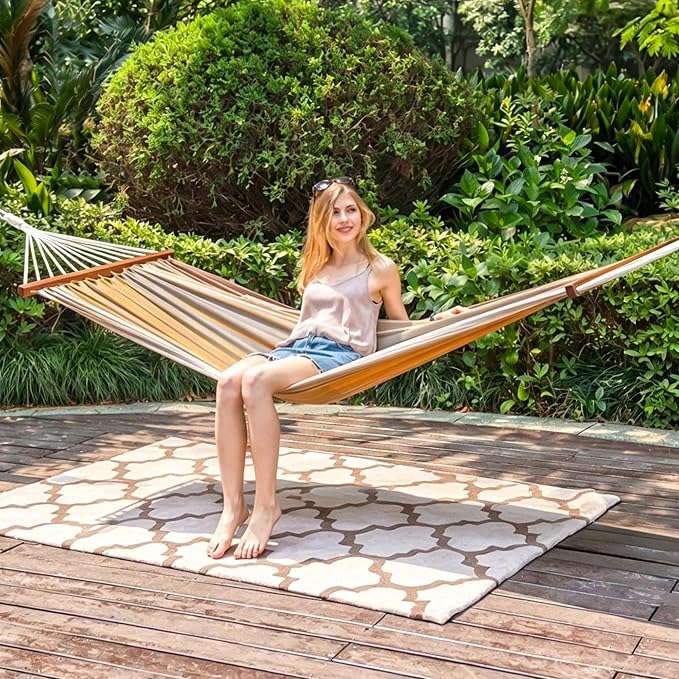 Lazy Daze Hammocks Cotton Fabric Double Hammock with 55" Spreader Bar, Portable Camping Hammock with Carrying Bag & Tree Straps for Patio, Backyard, Balcony, 450lbs Capacity, Brown & Khaki