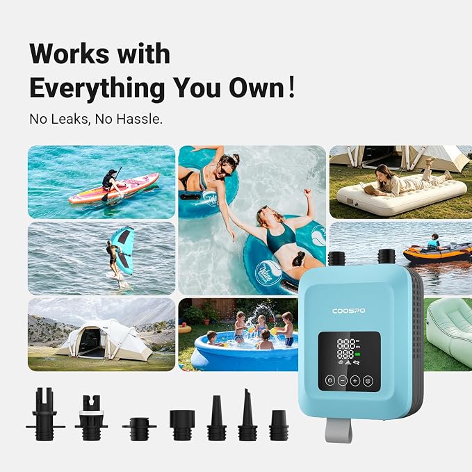 CooSpo Electric SUP Air Pump, 20PSI High Pressure Electric Inflator, 59.2/44.4 Wh Rechargeable Battery Powered, Low Noise, Digital Display Auto Stop, Dual Mode Inflation for Kayaks, Paddle Boards