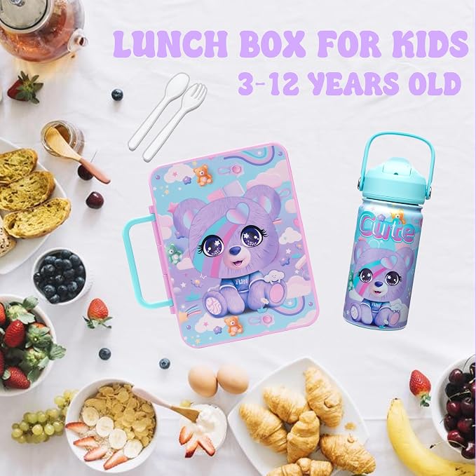 Kids Bento Lunch Box with 6 Compartments Girls Lunch Box with Lunch Bag,Stainless Steel Water Bottle,Ice Pack & Utensils Set,Birthday Gifts for Ages 3-12 Back to School Toddler Girls