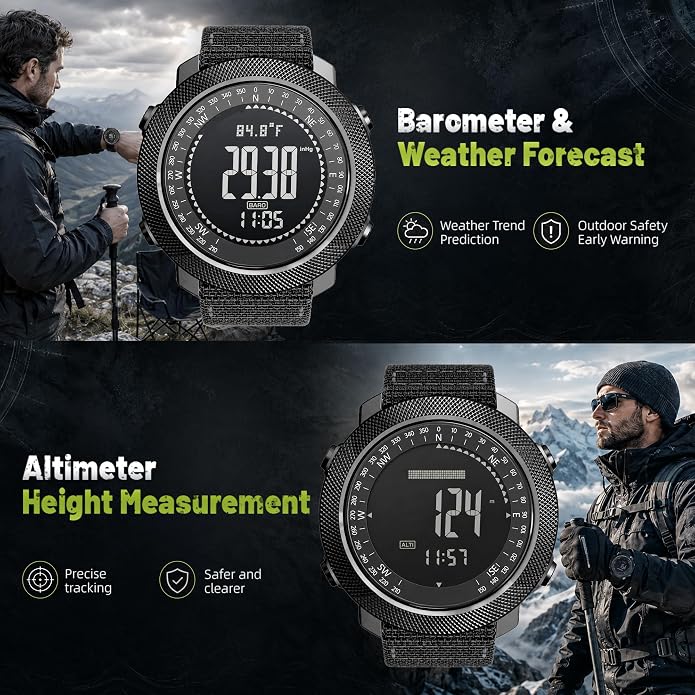 CakCity Digital Watch Military Tactical Watches for Men, 50mm Large Face Zinc Alloy Case with Breathable Double-Layer Nylon Strap, 5ATM Waterproof Shockproof, Altimeter, Barometer, Thermometer, Dual Time, Compass, Alarm, Stopwatch, Countdown