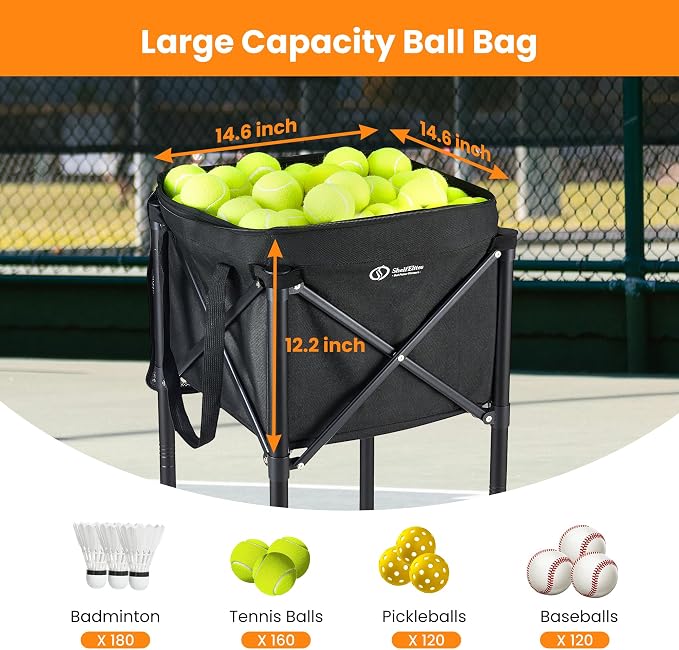 Portable Tennis Ball Hopper & Pickleball Basket, Foldable Tennis Ball Cart with Storage Bag, Multi-Sport Ball Collector for Training & Practice