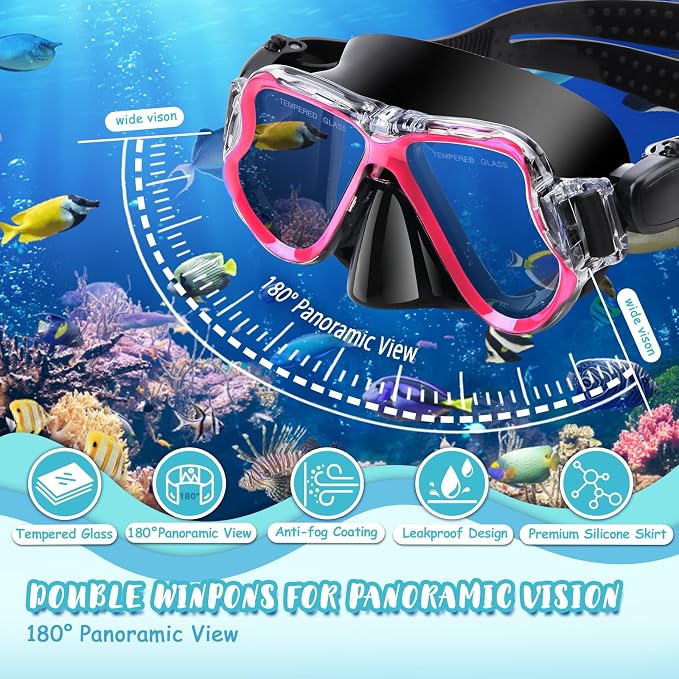 Snorkeling Gear for Kids, 4 in 1 Child Mask Fins Snorkel Set with Panoramic View Anti Fog Mask, Dry Top Snorkel, Trek Fins and Travel Bag, Kids Snorkeling Set with Fins for Snorkeling Swimming