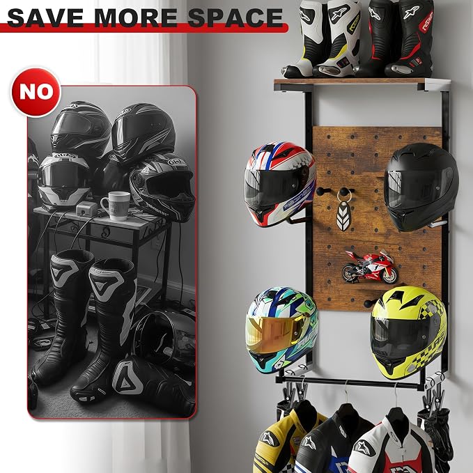 Helmet Holder Wall Mount, Motorcycle Helmet Stand, Motorcycle Accessories Display, Wall-Mounted Helmet Storage Rack with 4 Glove Clips