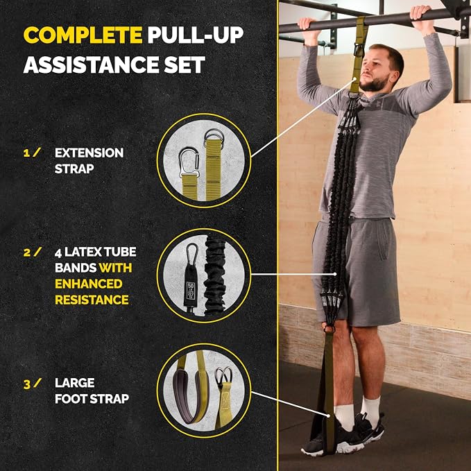 Pull Up Assistance Bands - 4 Heavy Duty Pull Up Bands with Adjustable Strap and Foot Rest - Stackable Pull Up Assist Band Set for Pull Up Bar - Resistance Bands for Pull Ups Chin Ups Strength Training