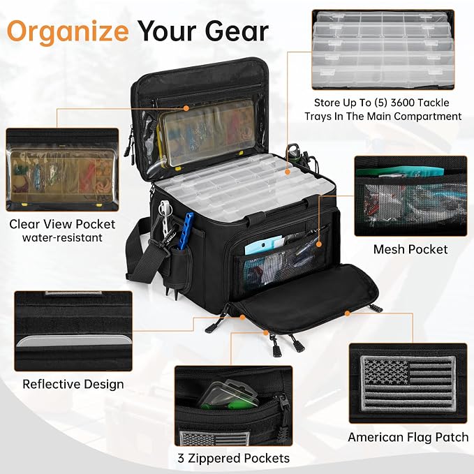 Fishing Tackle Bags with 4 * 3600 Tackle Trays - Saltwater & Freshwater Fishing Gear Bag Padded Shoulder Strap Tackle Box Bag (Black)
