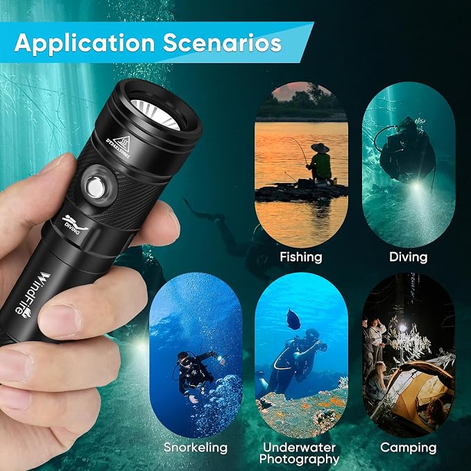 WindFire Dive Lights Scuba Diving Flashlight, IP68 Waterproof 262 ft Underwater Flashlight, Rechargeable Snorkeling Spotlight Torch with 4 Modes & Power Indicator for Night Diving, Caving