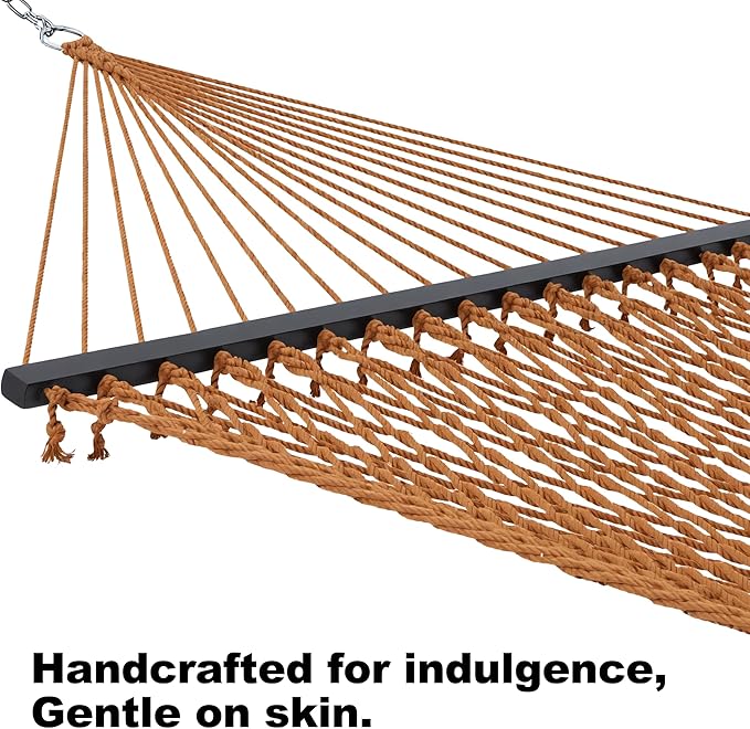 GAFETE Single Rope Hammocks for Outside, Traditional Hand Woven Cotton Hammock with Hardwood Spreader Bar, Max 450 lbs Capacity (Coffee Brown, Small)