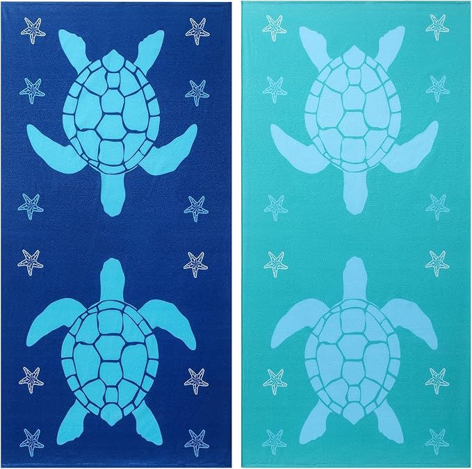 Jessy Home Microfiber 4 Pack Beach Towel Set, 40x70in Oversized Beach Towel, Quick-Dry Sand-Free Highly Absorbent Swim Towel, Soft Pool Towel, Marine Mixed Prints of Starfish & Sea Turtle for Vacation
