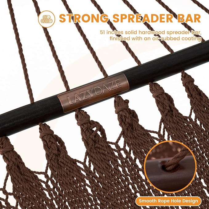 Lazy Daze Hammocks 10.5 FT Double 2 Person Caribbean Rope Hammock, Hand Woven Polyester Hammock with Spreader Bars for Outdoor Backyard Patio Poolside, 450 LBS Capacity, Brown