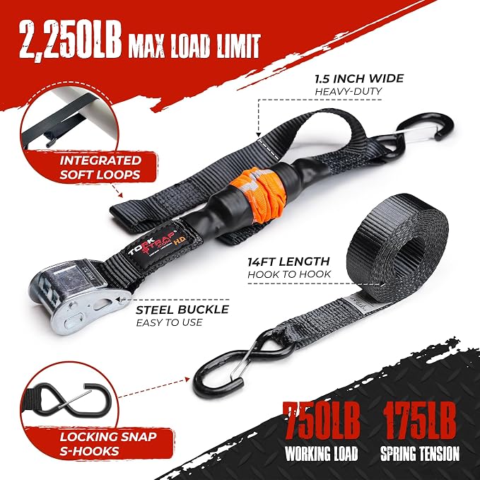 TorkStrap 14' x 1.5'' Self Tensioning Tie Down Straps [Patented] - Automatically Adapt to Load Shifts - 2,250LB Break Strength - Pull Alternative to Ratchet Straps - Integrated Soft Loop & Hook (4-PK)