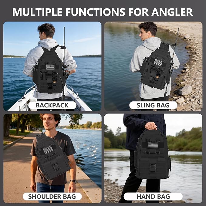 GMAK Fishing Backpack Tackle Sling Bag, Large Tactical Fishing Tackle Backpack with Rod & Gear Holder, Lightweight Outdoor Water-Resistant Tackle Gear Pack Shoulder Bags for Men Women, Black