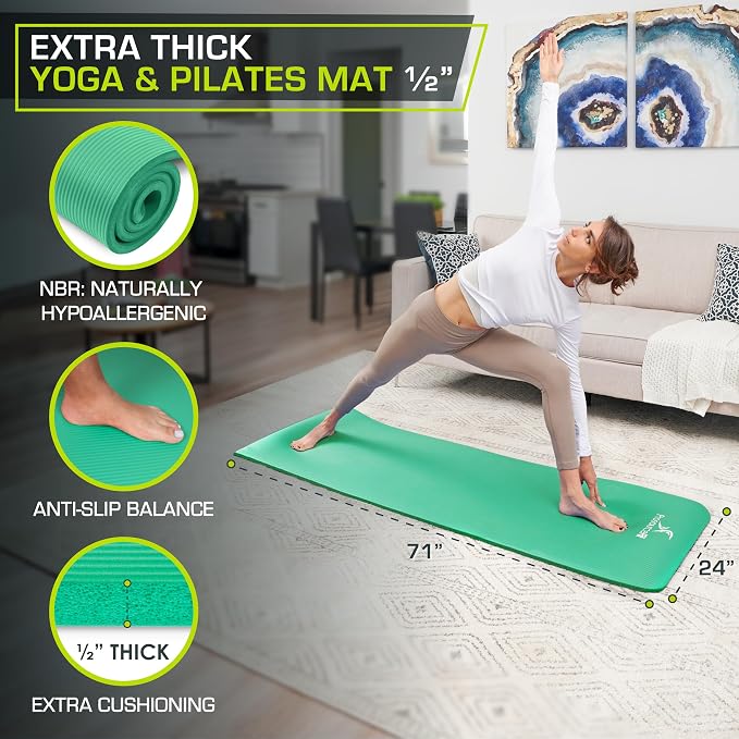 ProsourceFit Extra Thick Yoga and Pilates Mat 1/2” (13mm) or 1" (25mm), 71-inch Long High Density Exercise Mat with Comfort Foam and Carrying Strap